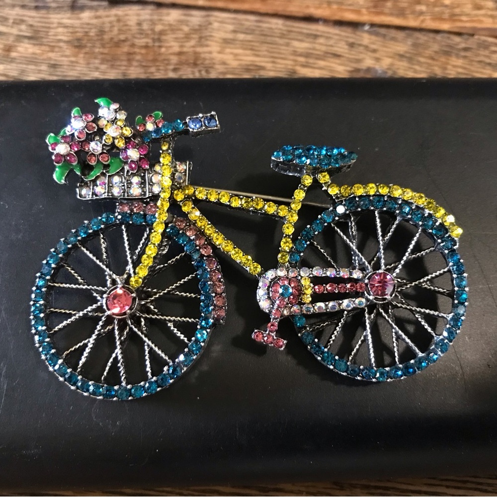 Heidi Daus Signed Sparkly Blue & Yellow Bicycle Bike Brooch Pin / Rhinestones